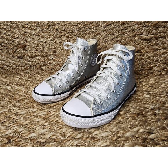 CONVERSE COATED SILVER GLITTER CHUCK TAYLOR ALL STAR KIDS Size 2 Hi Top - Picture 2 of 11